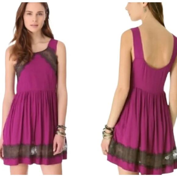 FREE PEOPLE ''Georgia' Pink Lace inset Flare Party  Mini Dress 6 - Picture 1 of 6